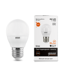 Gauss Elementary 53218 Лампа Шар 8W 520lm 3000K Е27 LED